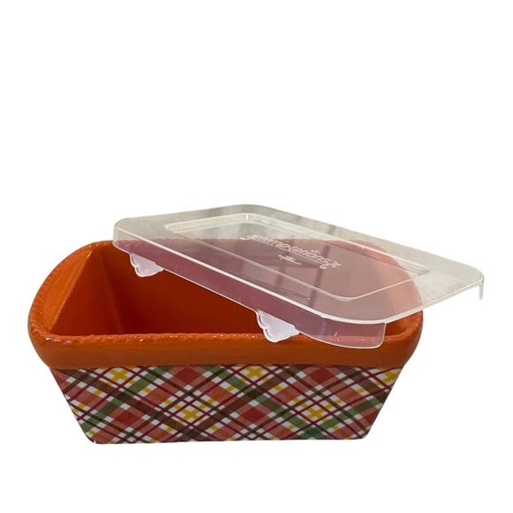 Temptations by Tara Mini Ceramic Loaf Pan w/ Lid 12oz Plaid Fall Bakeware NEW - Picture 5 of 10